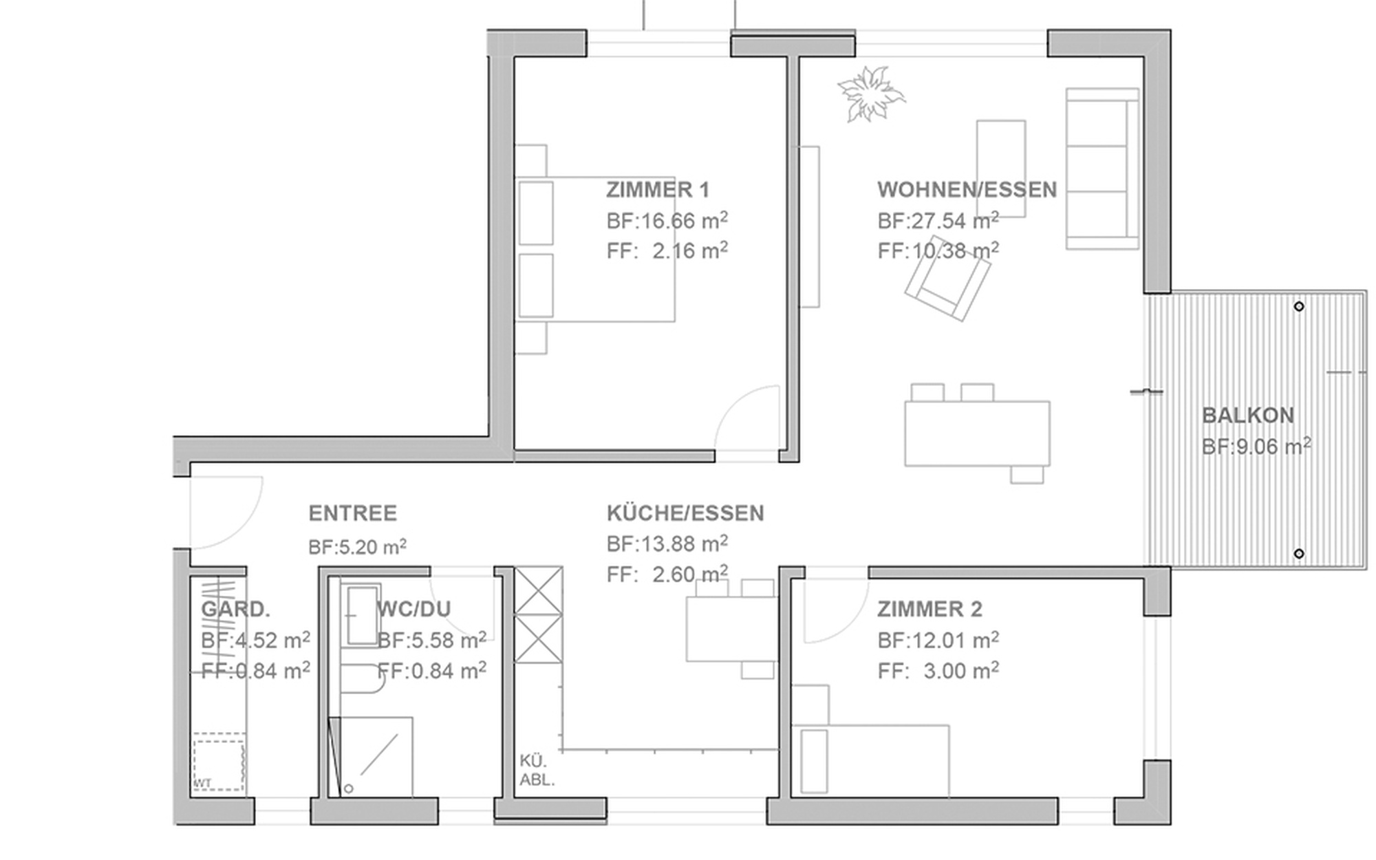 Die Wohnungen verfügen über einen grosszügigen Grundriss und einer Loggia zum verweilen.